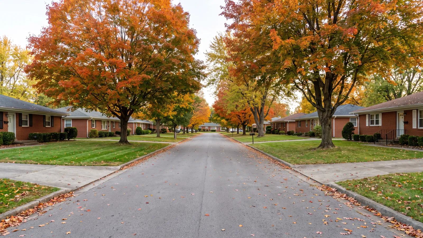 Residential street in Bowling Green, Kentucky lined with brick ranch homes, mature maples and wide front lawns in early autumn