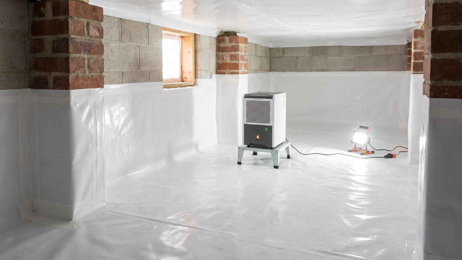 Clean encapsulated crawl space lined with a white reinforced vapor barrier up the walls and piers, a commercial dehumidifier on a stand