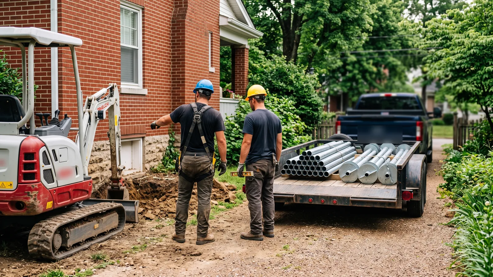 Foundation repair crew in work clothes beside a compact excavator and a trailer of steel piers in the side yard of a brick house, faces turned away