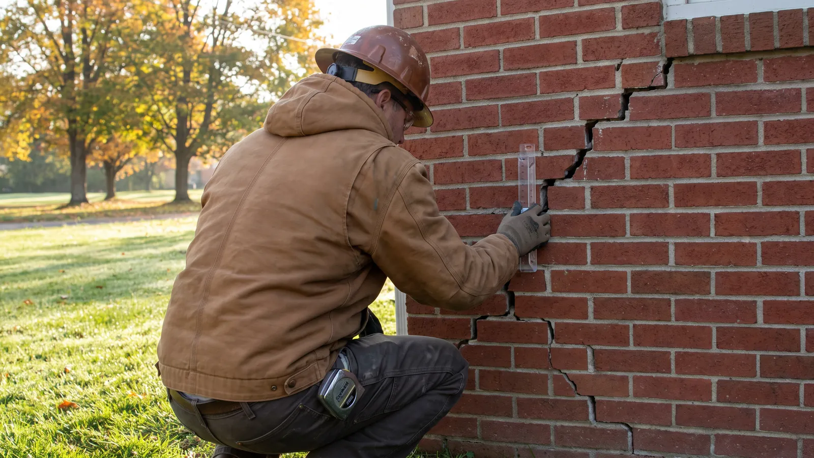 Foundation specialist measuring a stair-step crack in the brick of a one-story ranch house in Bowling Green, Kentucky, a tape measure and crack gauge in hand
