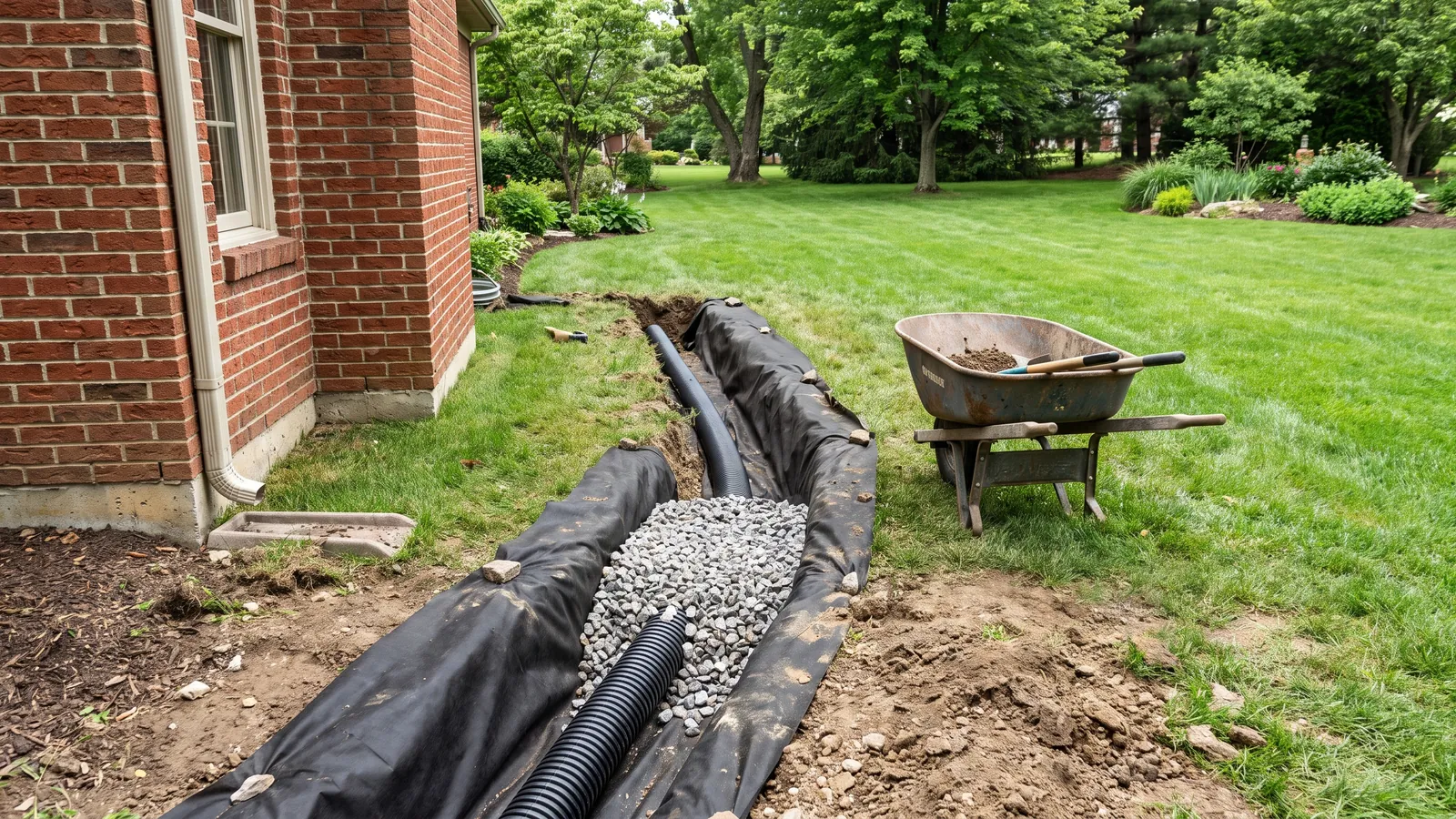 Open French drain trench in a green backyard lined with fabric, washed stone and perforated pipe, running away from a brick house