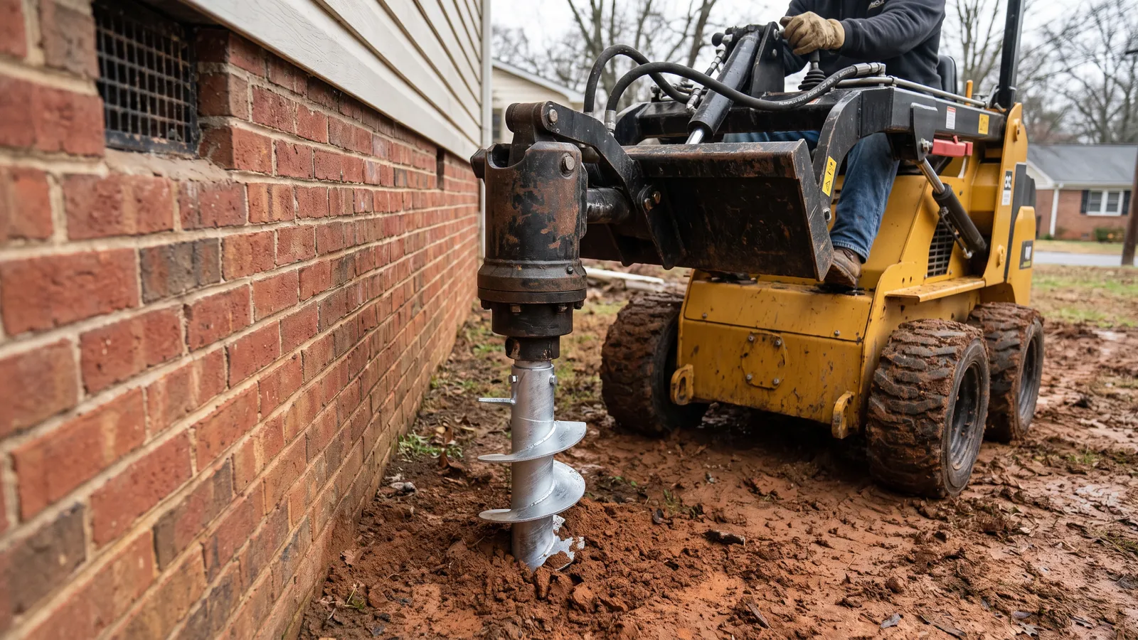 Hydraulic drive head turning a galvanized helical pier into red clay soil beside the foundation of a brick home in Kentucky