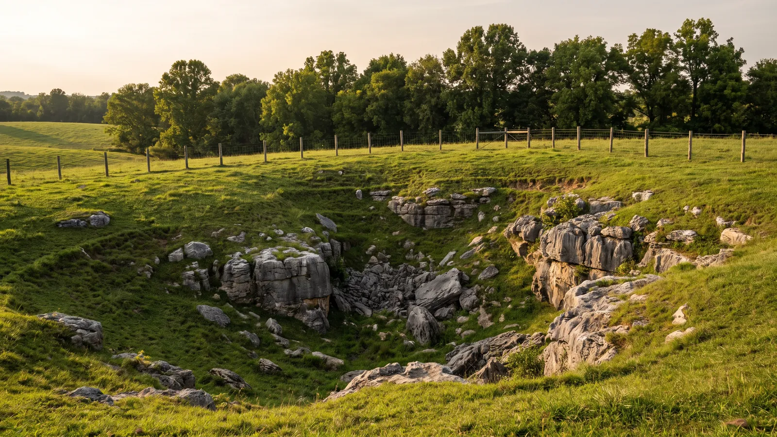 Bowl-shaped sinkhole depression with exposed gray limestone in a green pasture of south-central Kentucky, a fence line and trees behind it