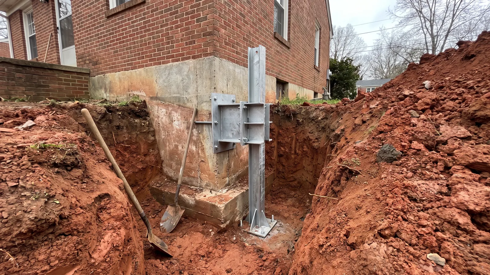 Excavated pit along a house footing with a galvanized steel push pier and bracket fastened beneath the concrete footing, red clay soil in the trench walls